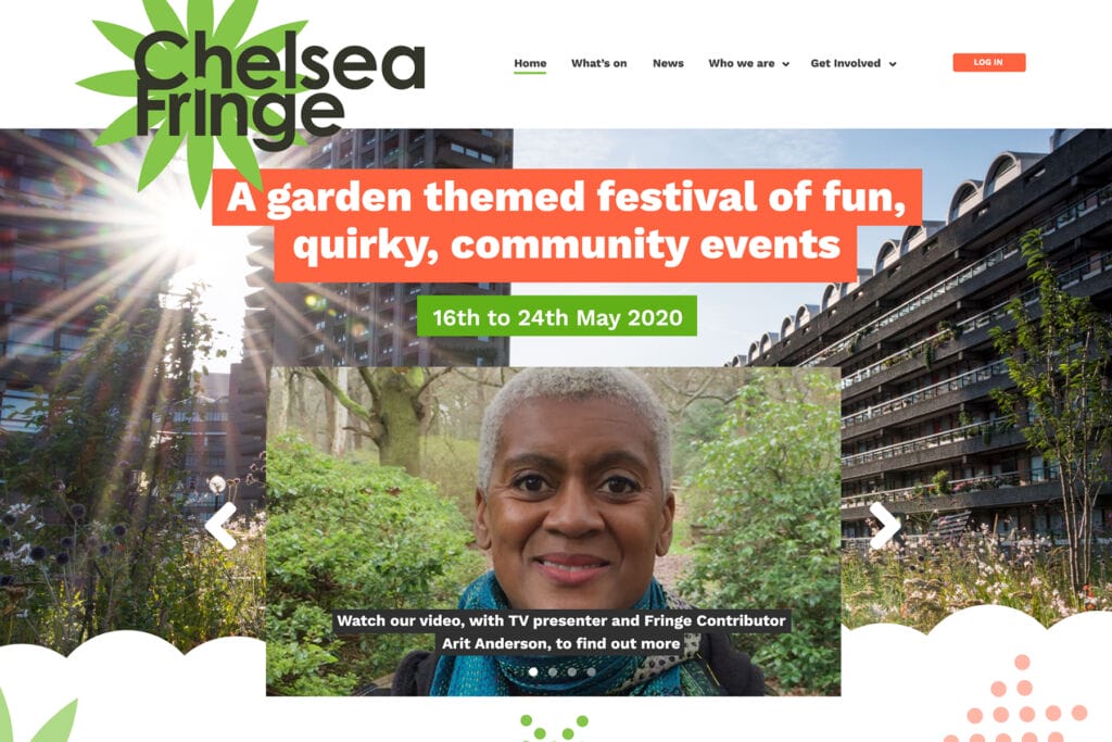 Chelsea Fringe community festival website design - Website redesign, UX strategy, audience-focused content structure and event organiser UI. By Siân Jones - digital designer West Wales.